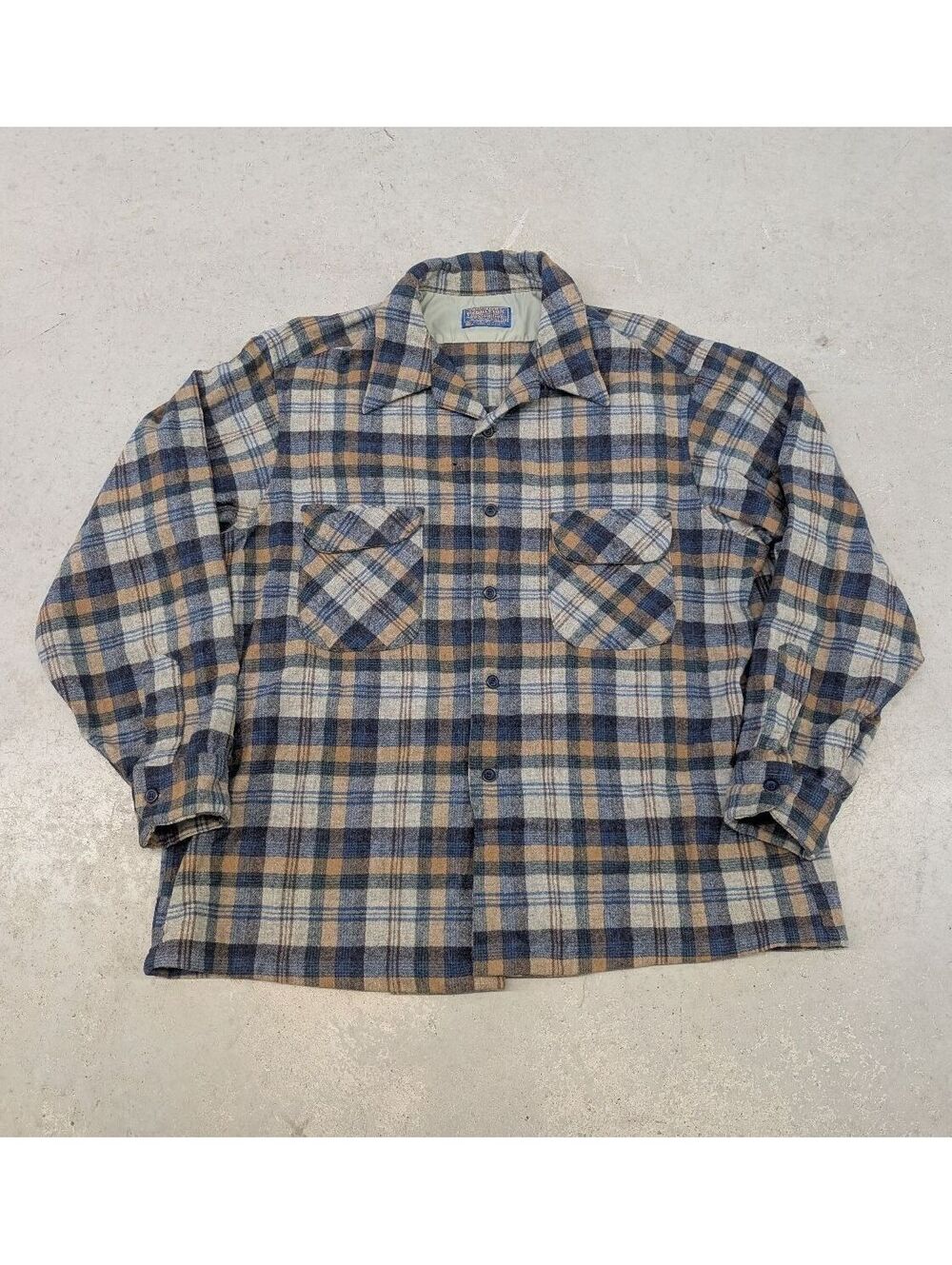 Vintage 80s Pendleton Blue Orange Wool Loop Collar Shirt